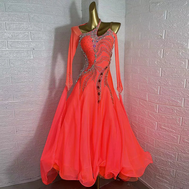 Custom Coral Orange Ballroom Dance Dress Rhinestone Waltz Tango Competition Gown
