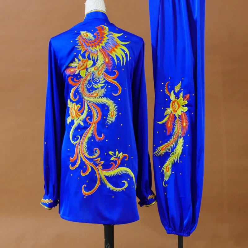 Custom Size Tai Chi Clothing Dark Green Embroidered Phoenix Wushu Martial Arts Kunfu Group Performance Uniforms - Moderndancedress.com