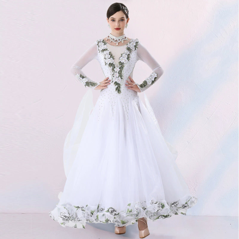 Women's Competition ballroom dance dresses for girls white pink blue waltz tango foxtrot rhythm moving dance long gown with float sleeves - Moderndancedress.com