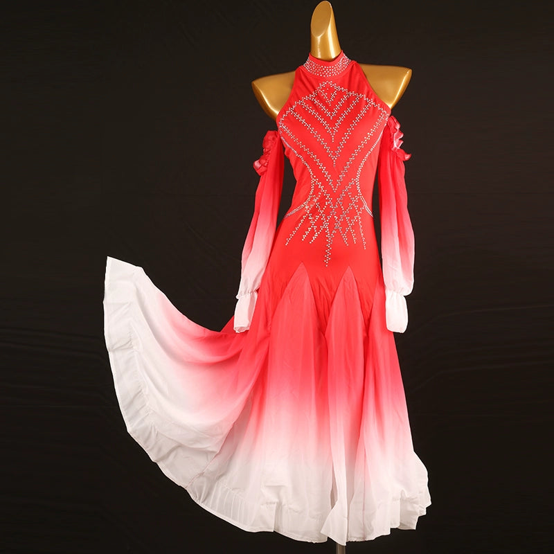 Red Gradient Rhinestones Competition Ballroom Dance Dresses for Women Girls Hollow Shoulder Waltz Tango  Performance Gown for Female - Moderndancedress.com
