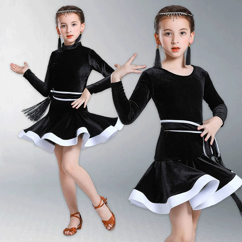 Children's Latin dance dress girl's gold velvet long sleeve split Latin suit training suit competition performance suit - Moderndancedress.com