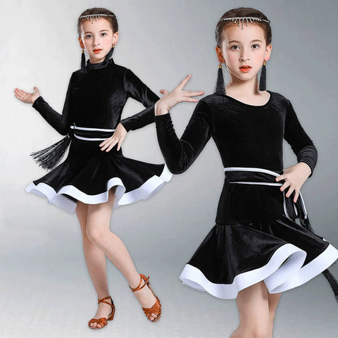 Children's Latin dance dress girl's gold velvet long sleeve split Latin suit training suit competition performance suit - Moderndancedress.com