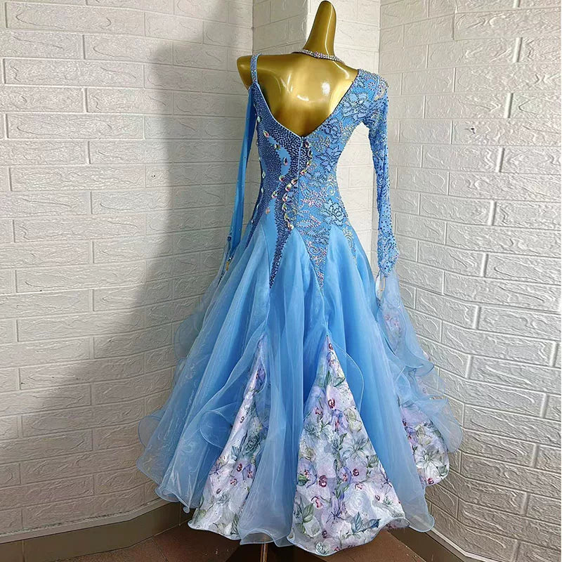 Custom Made Light Blue Lace Ballroom Gown with Crystals Waltz Foxtrot Dance Long Gown