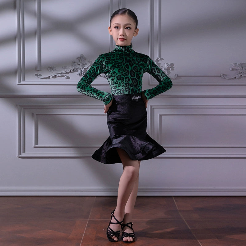 Children's Green Red Leopard Velvet Latin Dance Dresses for Girls Juvenile Salsa Rumba Chacha Ballroom Dancing Costumes for Kids