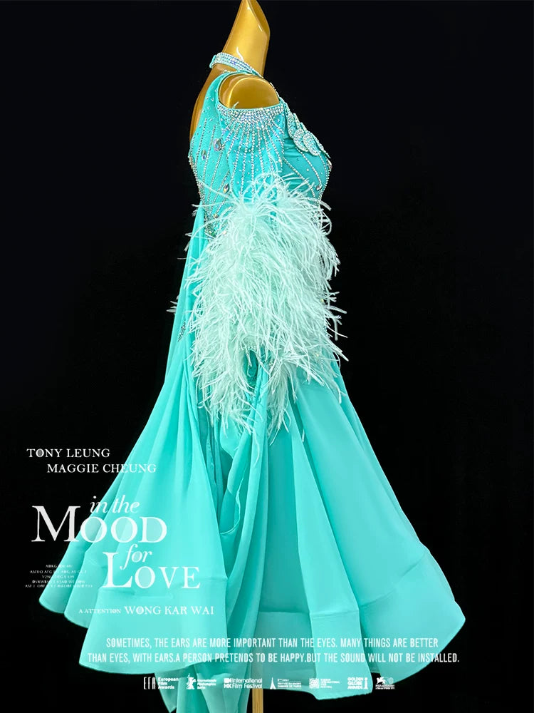 Custom Size Turquoise Ballroom Dance Dress Petals Crystals Ostrich Feather Float