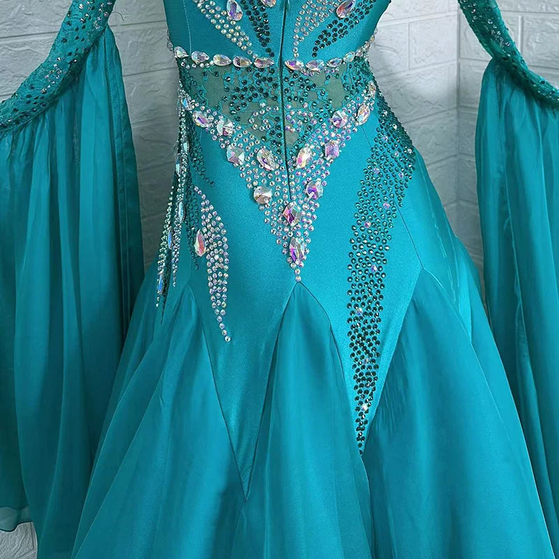 Custom Turquoise Ballroom Dance Dress Waltz Foxtrot Gown with Crystals