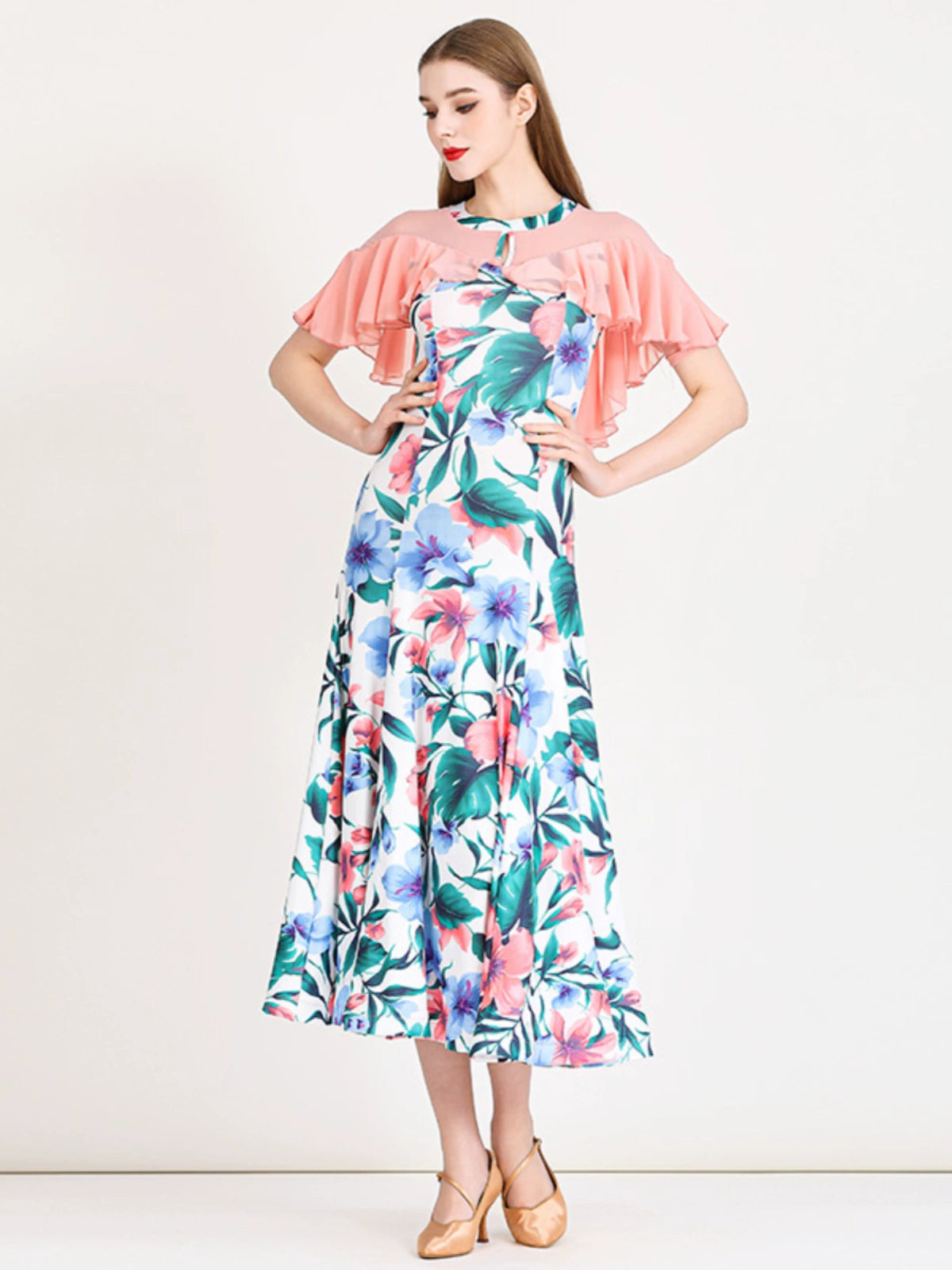 Pink Green Printed Modern Ballroom Dance Dress for Women Girls Waltz Tango Foxtrot Smooth Dance Long Gown - Moderndancedress.com