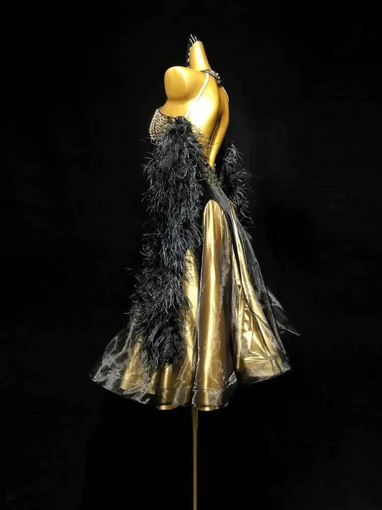 Custom Size Black Gold  Velvet Ballroom Dance Dress Feather Float