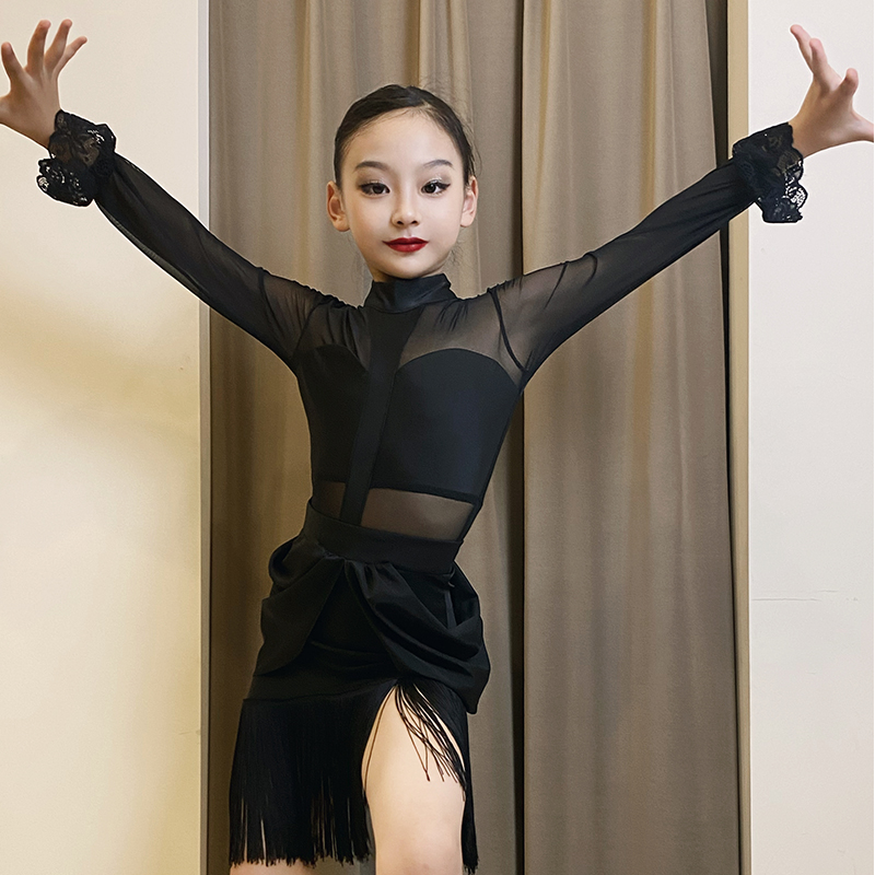 Black Lace Latin Dance Dresses for Girls Kids Long Mesh Sleeves Salsa Rumba Chacha Performance Clothes for Children - Moderndancedress.com