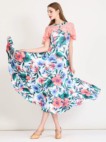 Pink Green Printed Modern Ballroom Dance Dress for Women Girls Waltz Tango Foxtrot Smooth Dance Long Gown - Moderndancedress.com