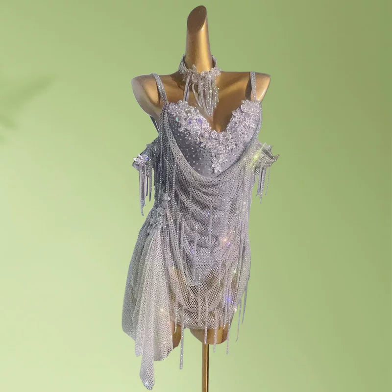 Custom Size Light Blue Rhinestone Mesh Latin Dress - Silver Fringe Dancewear