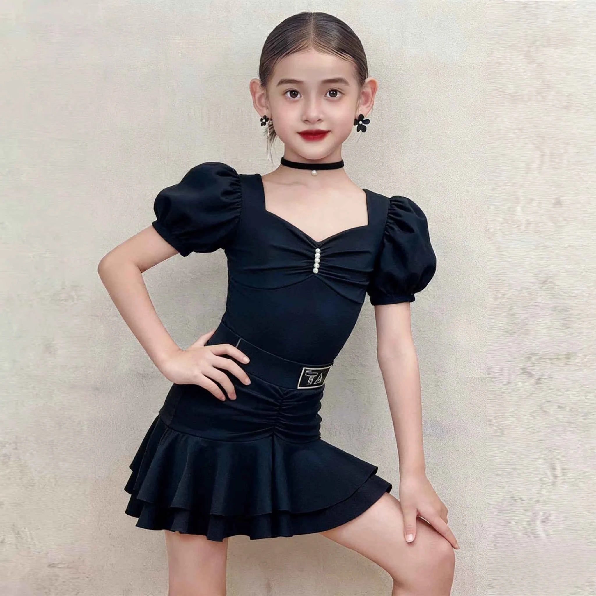 Girls Yellow Latin Dance Dress - 2-Piece Puff Sleeve Ballroom Costume