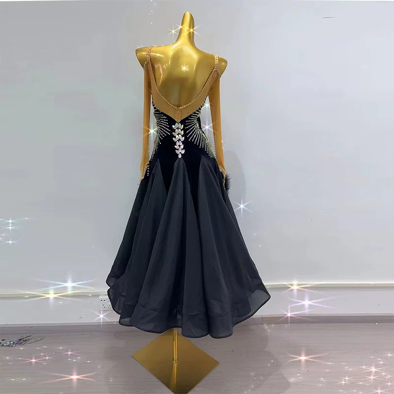 Customized Black Velvet Gold Stones Competition Ballroom Dance Dress Waltz Tango Rhythm Smooth Dance Gown