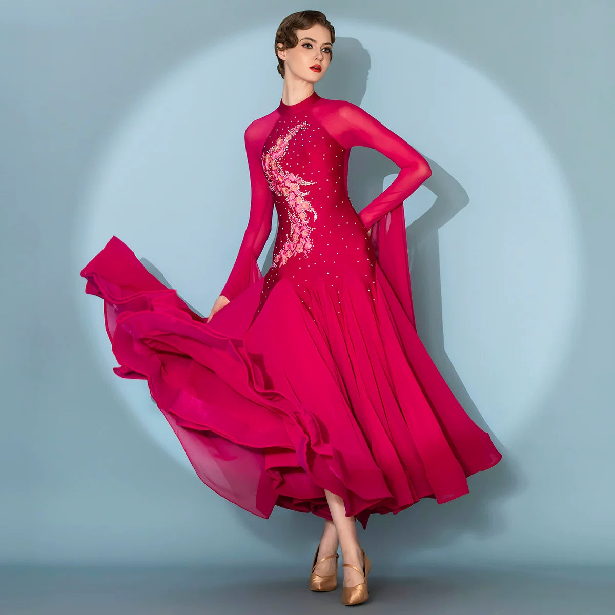 Women Girls Fuchsia Ballroom Dance Dress with Plum Blossom Embroidery & Rhinestones