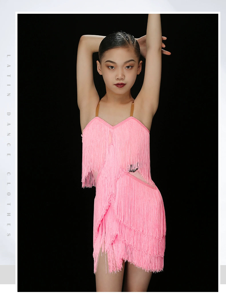 Pink fringed Latin dance dresses for kids children high-end girls latin ballroom salsa chacha sambe dance skirt - Moderndancedress.com