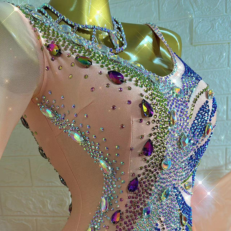 Customized Size Crystal Competition Light Orange Ballroom Dance Dresses for Women Girls Feather Rhythm Foxtort Smooth Waltz Dancing Long Gown - Moderndancedress.com