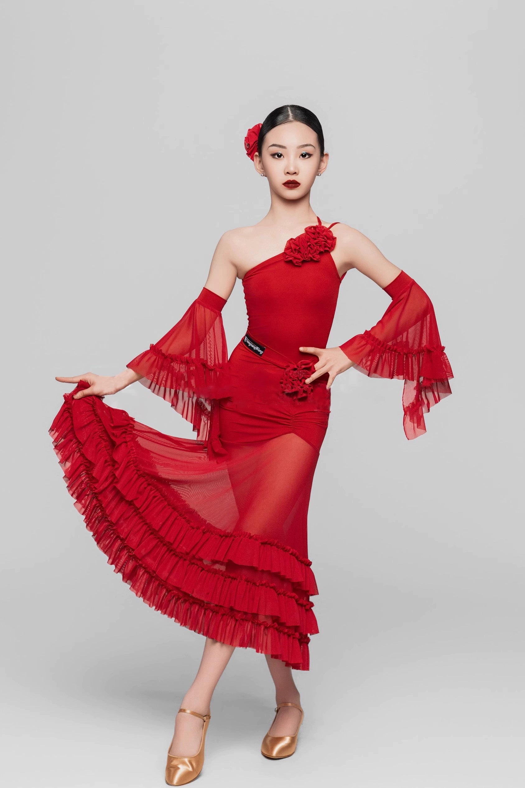 Girls Red black fringe Latin dance costumes slanted shoulders ballroom latin dance skirts  flower practice solo dance suit for kids - Moderndancedress.com