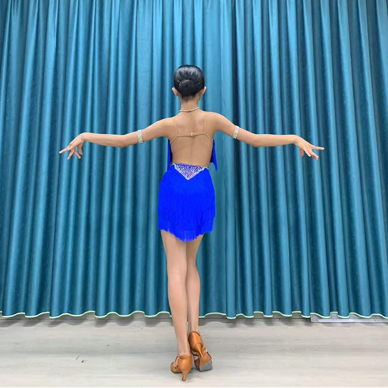 Custom Size Latin Dance Dresses for Women Girls Wine Royal Blue Fringe Salsa Rumba Chacha Professional Dance Costumes - Moderndancedress.com