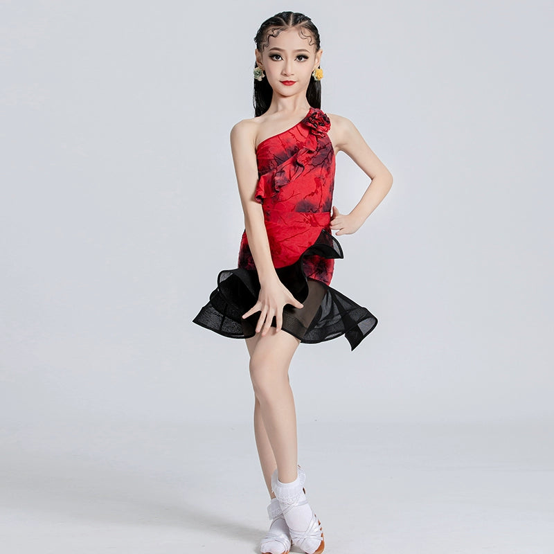 Girl red Latin dance dresses pink salsa ballroom latin competition performance suit - Moderndancedress.com