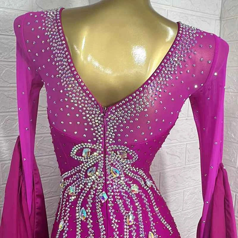 Custom  Size Women's Fuchsia Ballroom Dance Dress Rhinestones Waltz Smooth Gown with Float