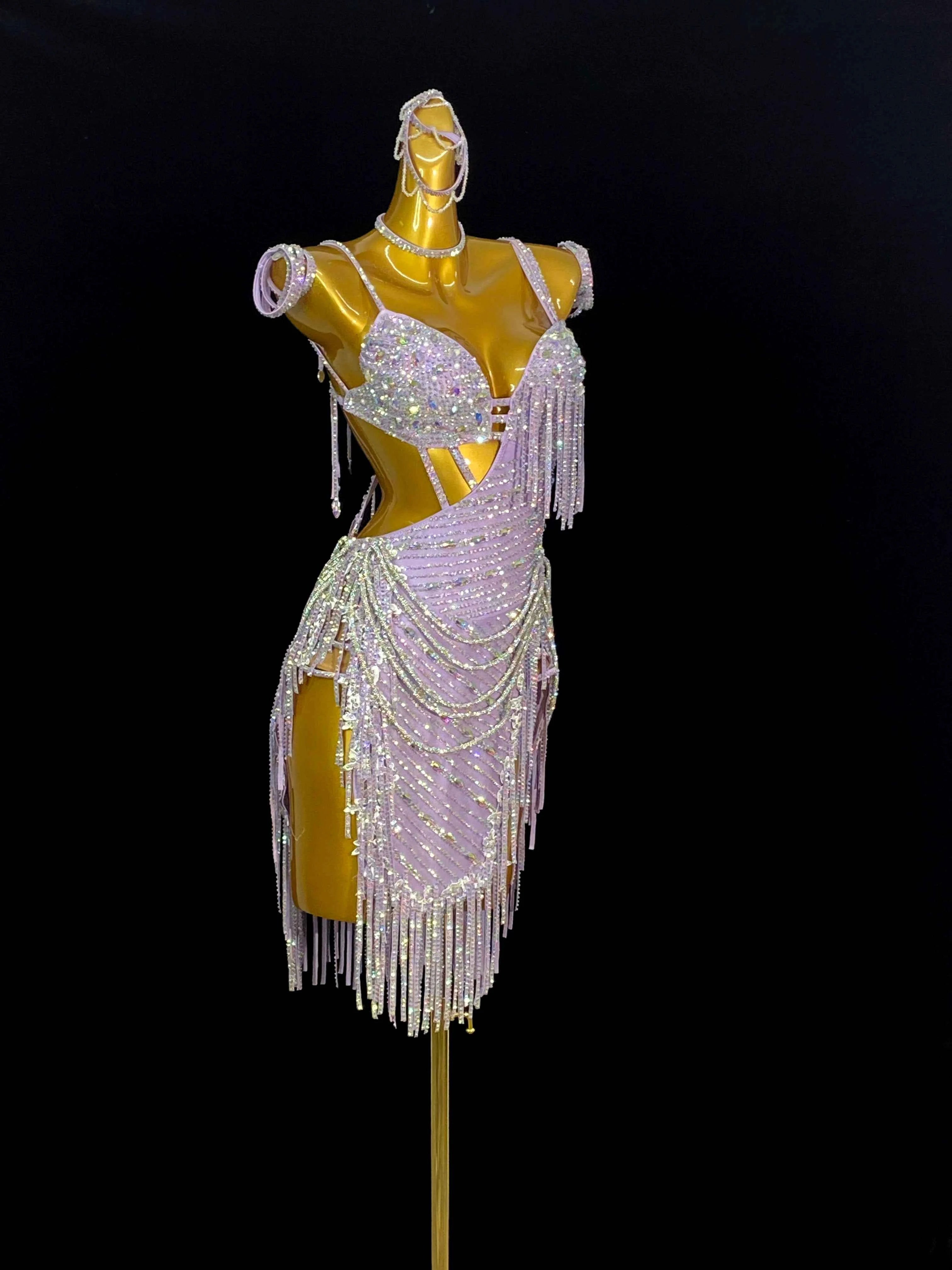 Custom Size Gold Competition Latin Dance Dresses Purple White Gemstones Fringe Salsa Chacha Dance Costumes