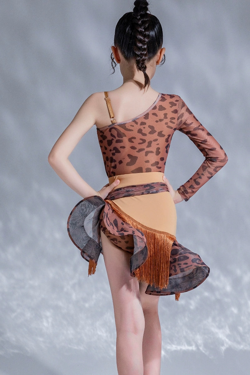 Girls Latin Dance Dresses Brown Leopard Fringe Slanted Shoulder Latin Salsa Cha Cha Performance Art Test Costumes for Kids - Moderndancedress.com