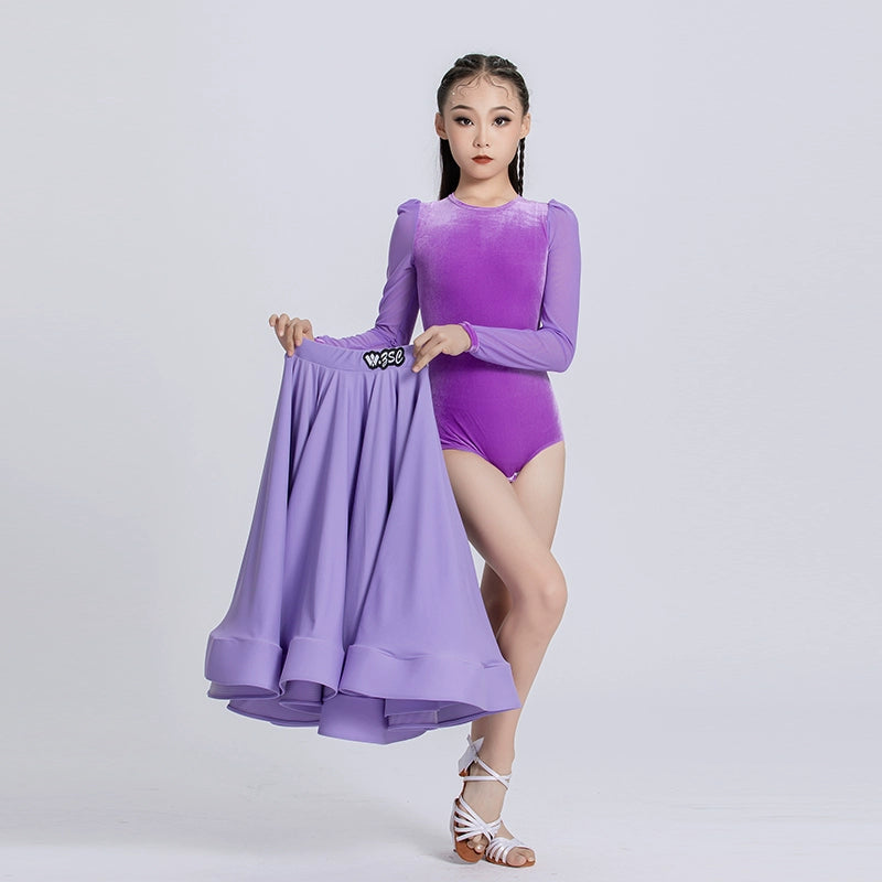 Light Purple Velvet Ballroom Dance Dresses for Girls Kids Children Waltz Tango Ballroom Performance Uniforms Party Performance Praise Dress - Moderndancedress.com
