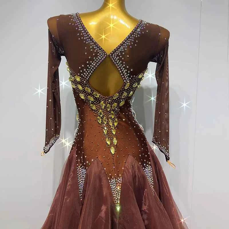 Custom Size Coffee Gold Stones Competition Ballroom Dance Dresses Waltz Tango Dance Long Gown for Women