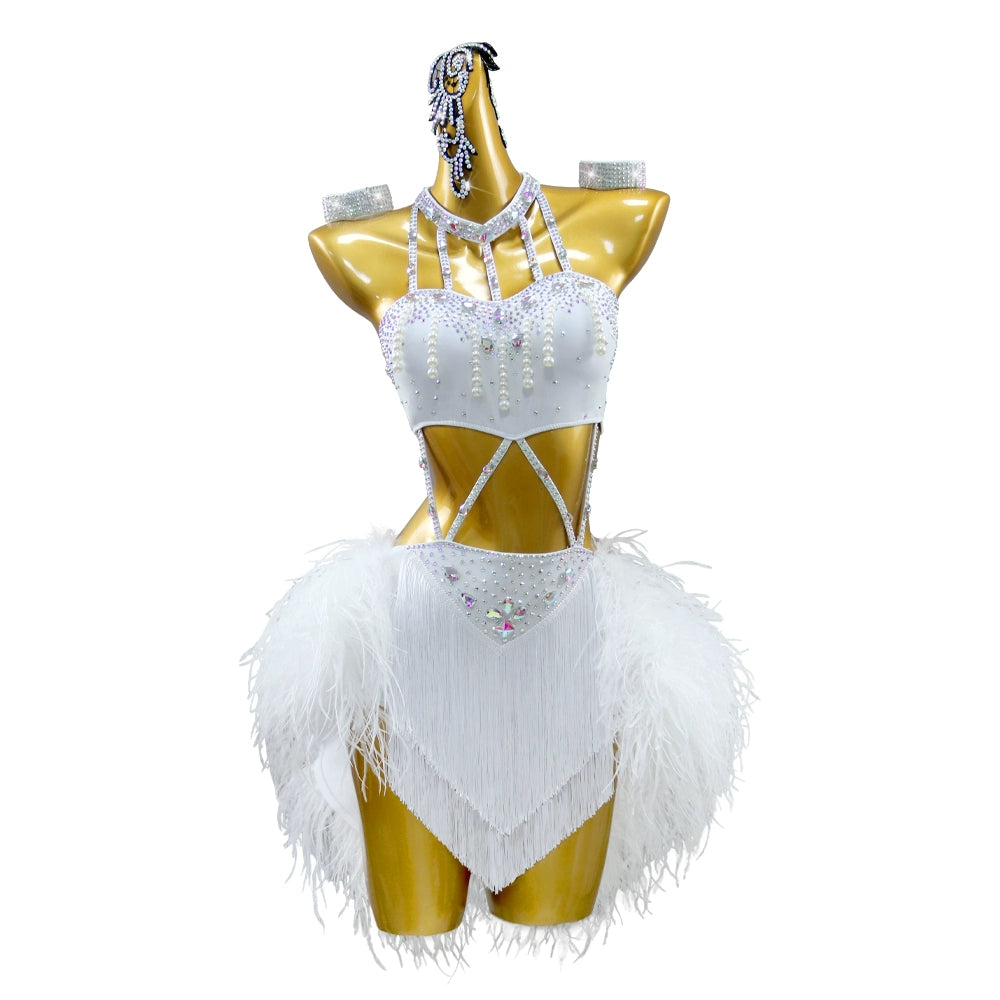 White Feather Latin Dance Dress for Women Girls Kids Blackpool Salsa Rumba Cha Cha Latin Dance Competition Performance Costumes Out Fits - Moderndancedress.com