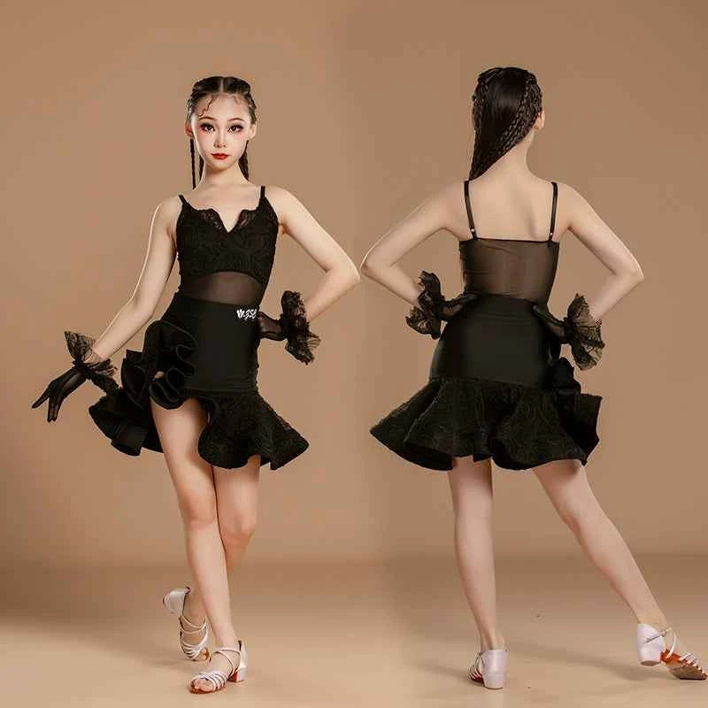 Girls Latin Dance Dresses Black Purple Asymmetrical Skirts Salsa Rumba Dance Costumes for Kids