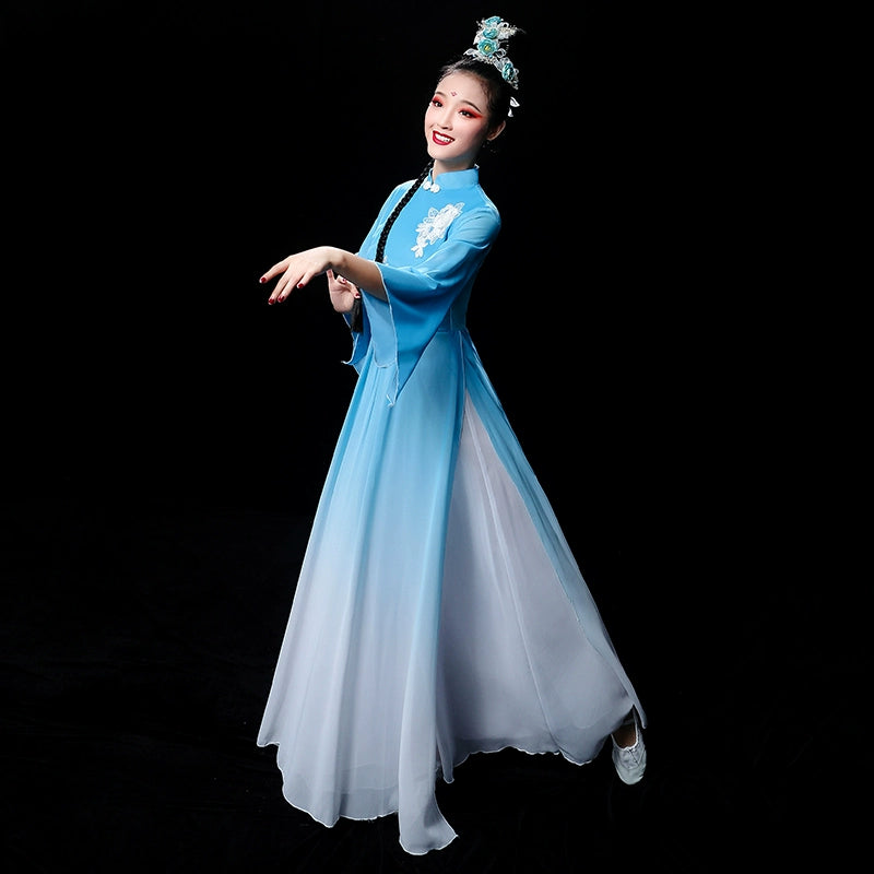 Chinese Folk Dance Costume Chinese Fan Umbrella Dance Modern Dance Costume Long Skirt Fairy Adult - Moderndancedress.com