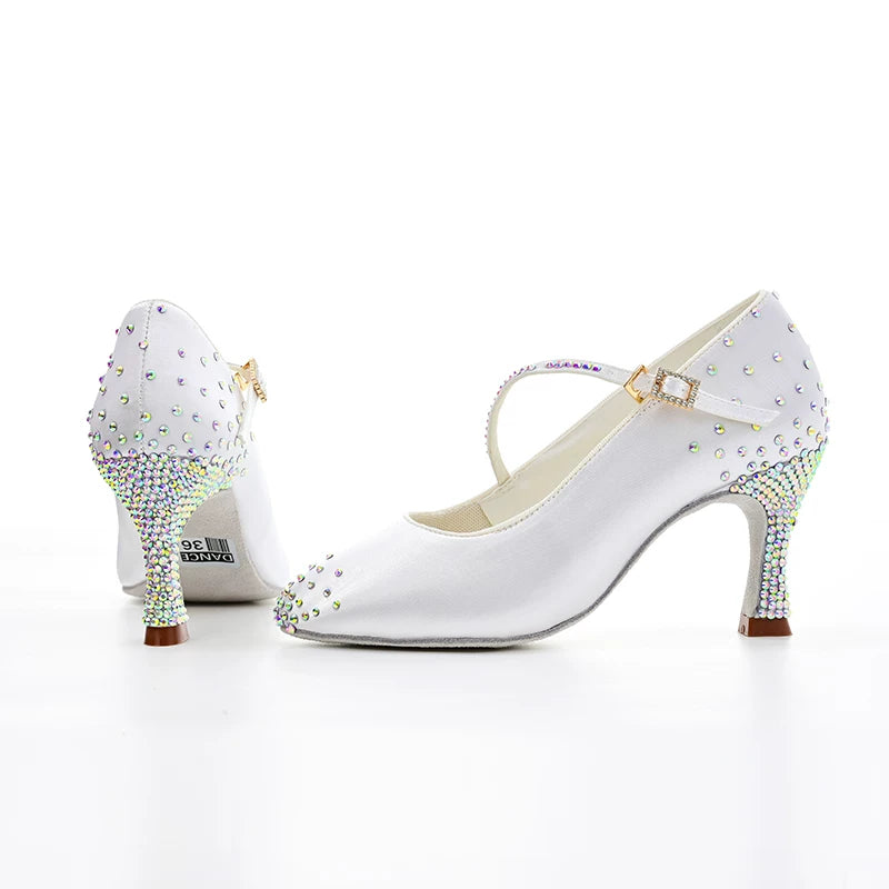 Women Bronze White Ballroom Dance Shoes Latin Salsa Chacha Performance Shoes Soft Soles