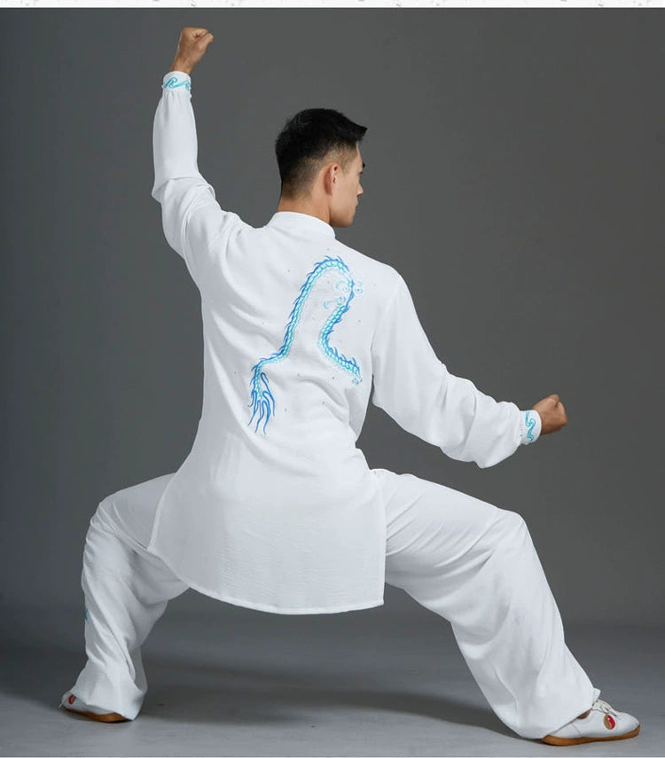 Custom Size White Blue Emboridered Chinese Dragon Tai Chi Clothing for Men Competition Wushu Martial Art Chinese Kung Fu Uniforms - Moderndancedress.com