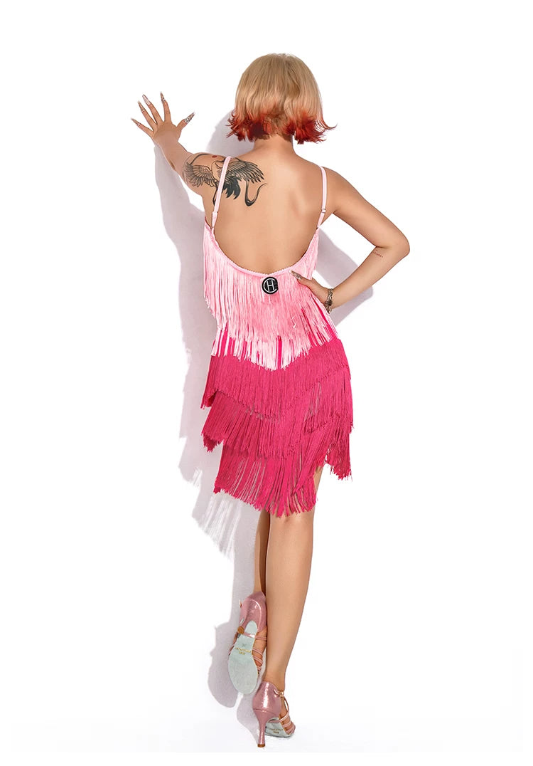 Women's Pink Latin Dress Two-color Fringed Suspender Ballroom Salsa Costume