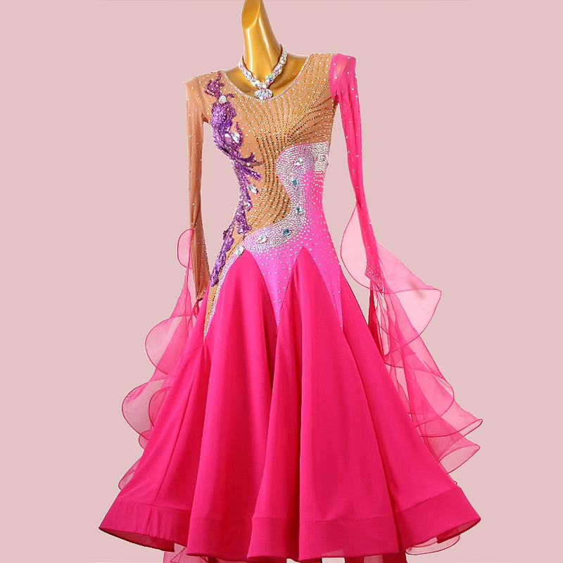 Custom Size Fuchsia Ballroom Dance Dresses for Women Girls Diamond Waltz Foxtrot Smooth Dance Long Gown