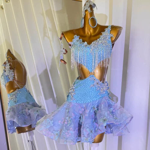 Custom Blue Latin Dance Dress with 3D Butterfly Lace Embroidery