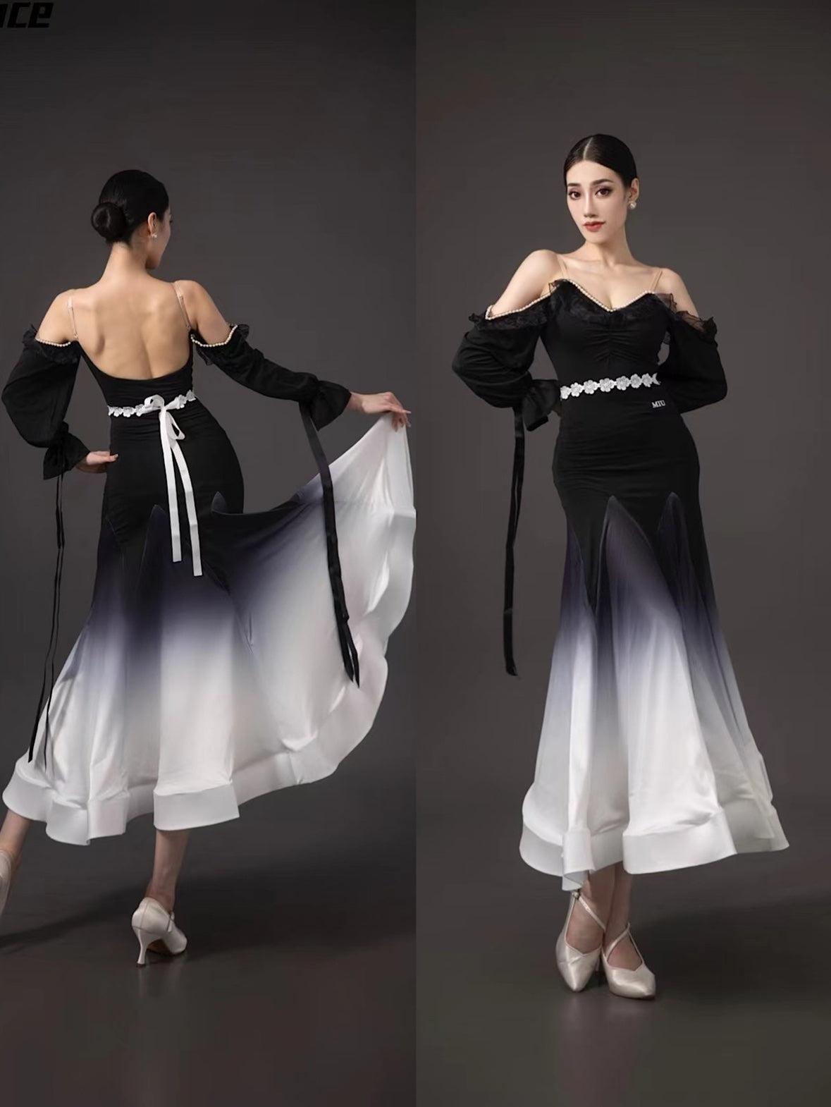 Black White Gradient Off Shoulder Ballroom Dance Dresses for Women Girls Waltz Tango Rhythm Fishbone Skirt - Moderndancedress.com