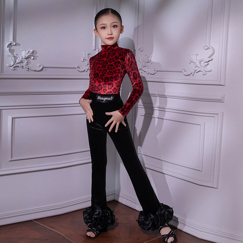 Children's Green Red Leopard Velvet Latin Dance Dresses for Girls Juvenile Salsa Rumba Chacha Ballroom Dancing Costumes for Kids