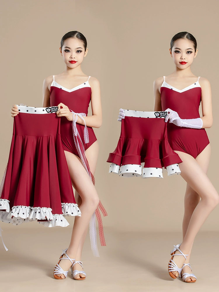 Red polka dot Latin ballroom dance dresses for kids girls national ballroom waltz tango dance costumes art test performance outfits - Moderndancedress.com