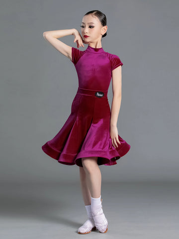 Latin Dance Competition dresses for kids girls wine green Short Sleeves Standard ballroom latin Competition Suit