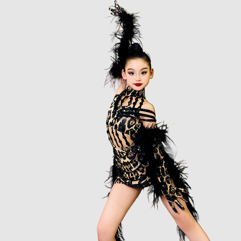 Custom Size Leopard Feather Competition Latin Dance Dresses for Women Girls Salsa Rumba Chacha Professional Dance Costumes - Moderndancedress.com