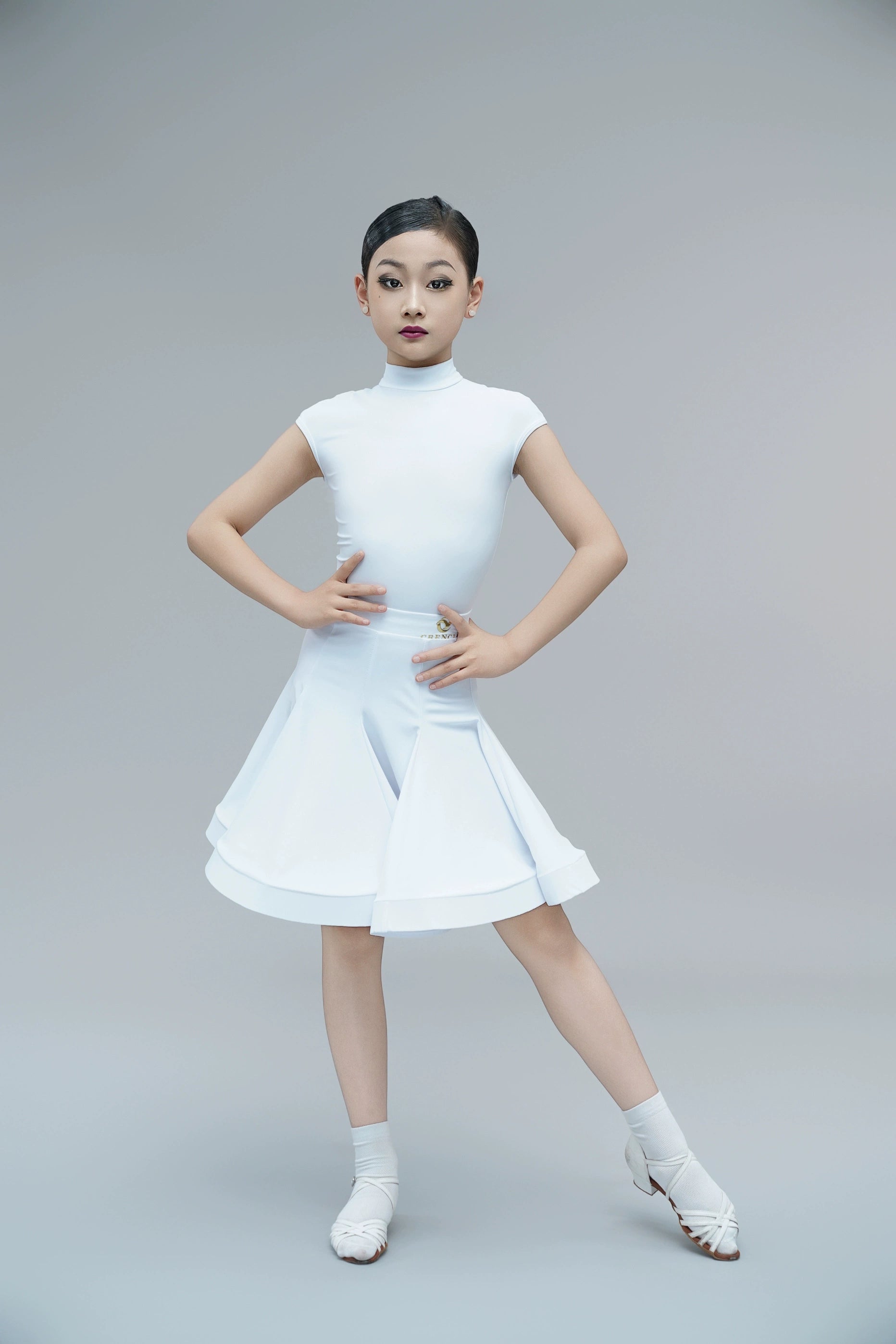 Children's Latin dance dresses for girls kids blue purple white turtleneck latin ballroom salsa competition outfits short sleeve fishbone skirt - Moderndancedress.com