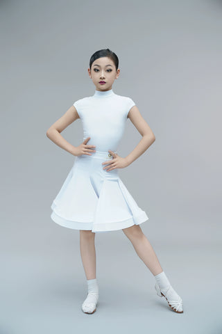 Children's Latin dance dresses for girls kids blue purple white turtleneck latin ballroom salsa competition outfits short sleeve fishbone skirt - Moderndancedress.com