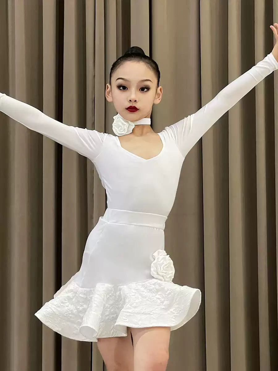 Latin dance Dresses for girls kids white pink lace irregular hem children's salsa rumba chacha performance outfits long sleeves for Children - Moderndancedress.com