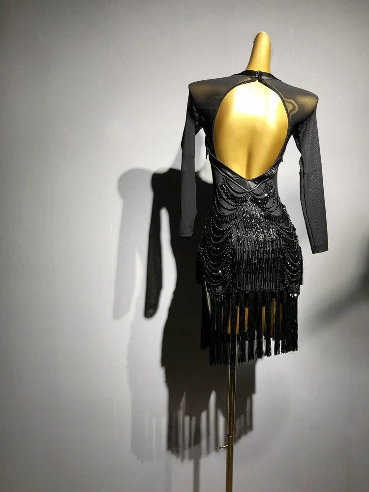 Custom Competition Black Latin Dance Dress Geometric Mesh & Rhinestone Fringe Costume