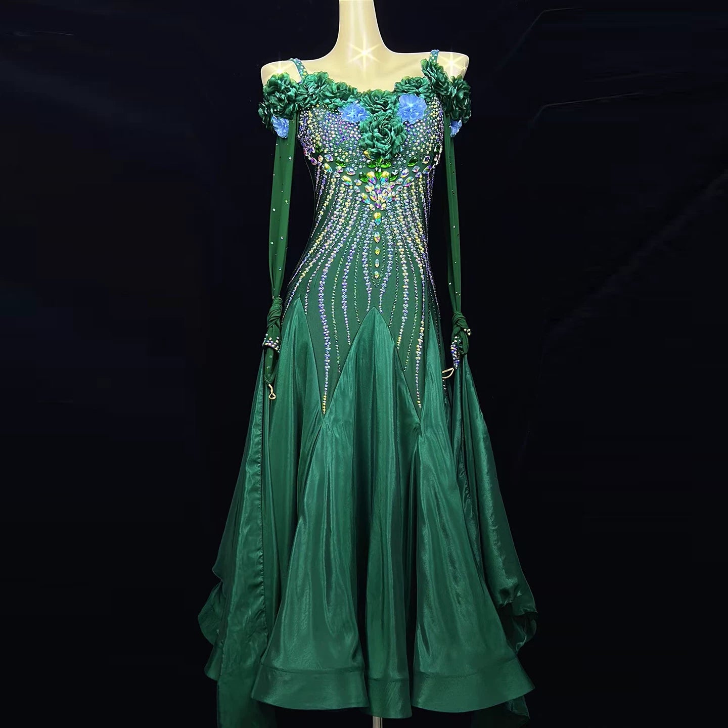 Custom Emerald Green Ballroom Dance Dress with 3D Flowers  Rhinestone Waltz Tango Gown