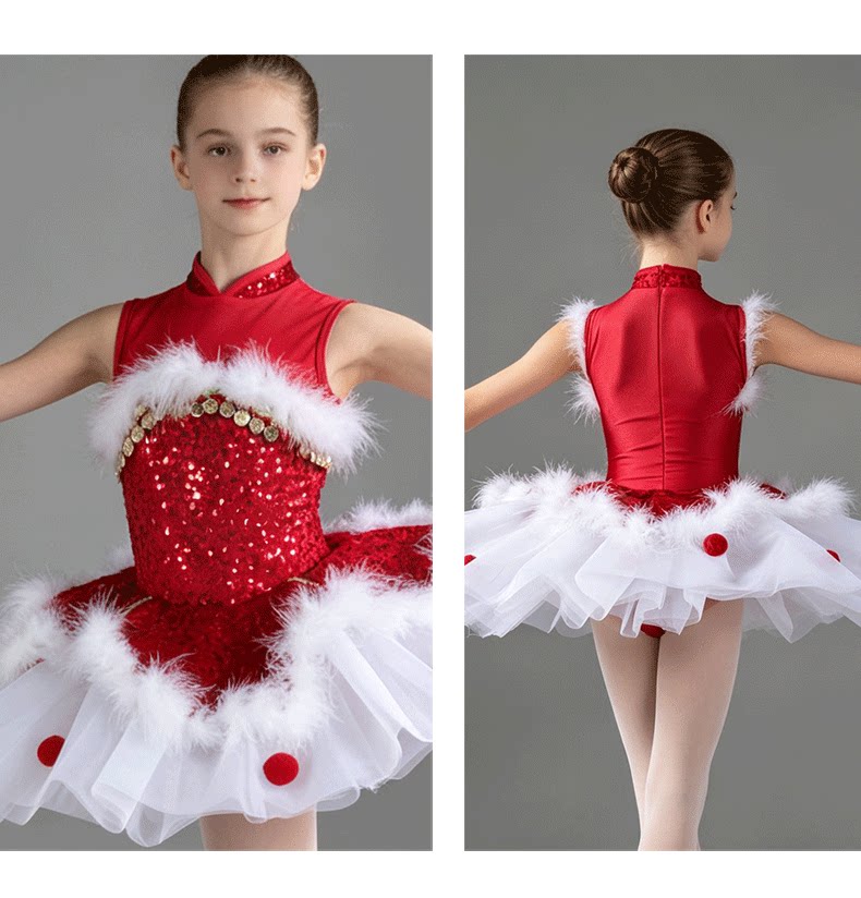 Girls Christmas Sequined Ballet Tutu - Kids Jazz Party Dance Costume with Feather Trim