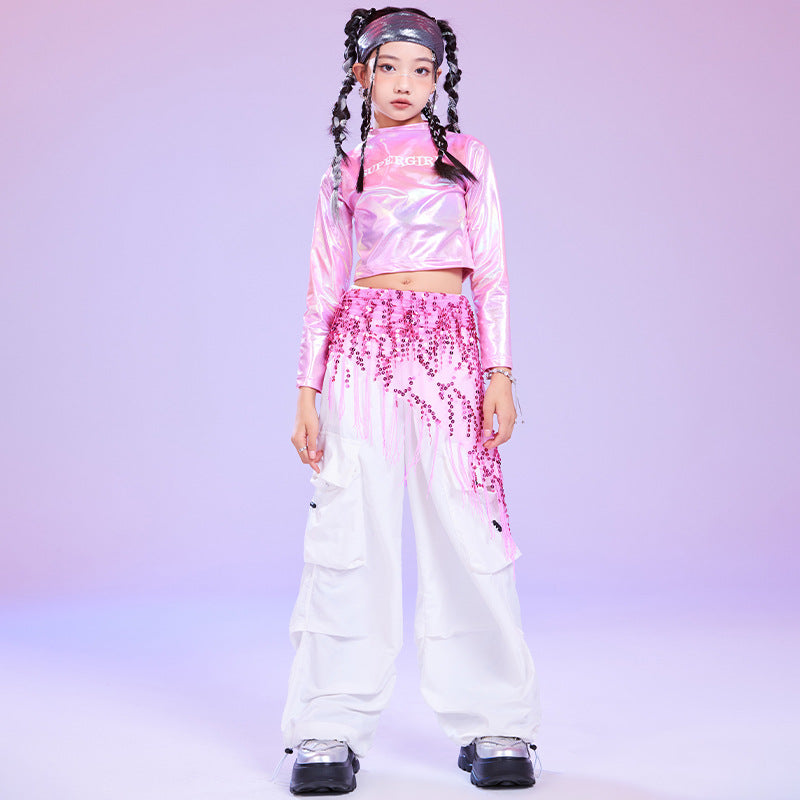 Girls Jazz Dance Costumes Kids Khiphop Metallic Pink Street Outfits & Cargo Pants Set