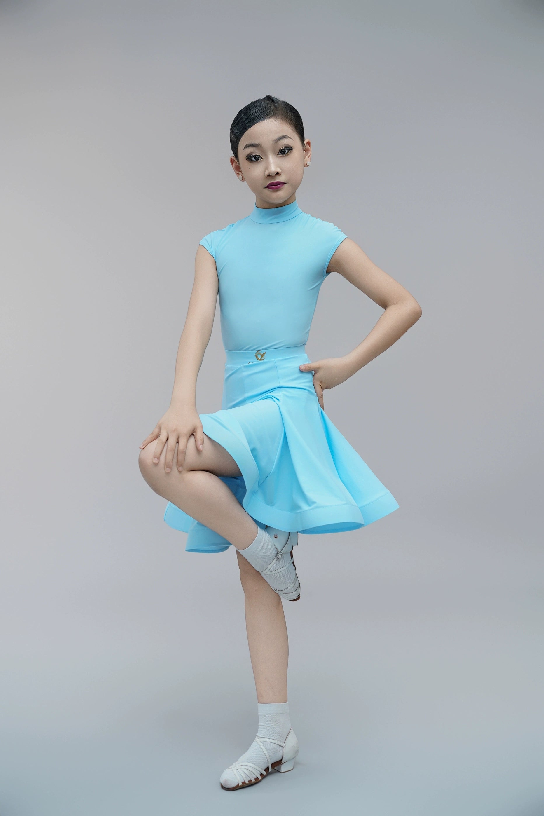 Children's Latin dance dresses for girls kids blue purple white turtleneck latin ballroom salsa competition outfits short sleeve fishbone skirt - Moderndancedress.com