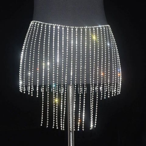 Women girls latin jazz rave dance Rhinestone tassel waist chain hollow bling hot pole dance tassel skirt belly dance body chain belts - Moderndancedress.com